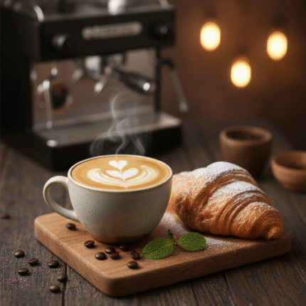 Chocolate caliente con una pieza de pan